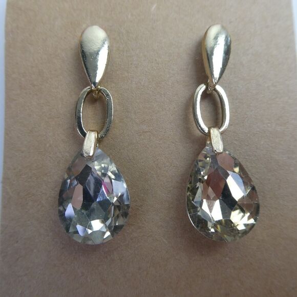 Teardrop Rhinestone Sparkly Drop Dangle Gold Tone Pierced Earrings Regency - Picture 1 of 10